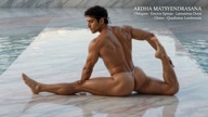 Ardha Matsyendrasana. Half Lord of the Fishes Pose. Yogi. Greek athlete, sweaty muscle yoga on wet marble 20s