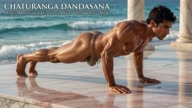 Chaturanga Dandasana. Four-Limbed Staff Pose. Yogi. Greek athlete, sweaty muscle yoga on wet marble 50s