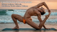 Eka Pada Rajakapotasana. One-Legged King Pigeon Pose. Yogi. Greek athlete, sweaty muscle yoga on wet marble 2m51s