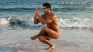 Garudasana. Eagle Pose. Yogi. Greek athlete, sweaty muscle yoga on wet marble 40s
