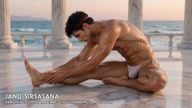 Janu Sirsasana. Head-to-Knee Forward Bend. Yogi. Greek athlete, sweaty muscle yoga on wet marble 50s