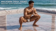 Malasana. Garland Squat Pose. Yogi. Greek athlete, sweaty muscle yoga on wet marble 10s