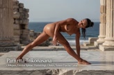 Parivrtta Trikonasana. Revolved Triangle Pose. Yogini. Greek goddess, classical artistic yoga on wet marble 30s