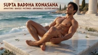 Supta Baddha Konasana. Reclining-Bound-Angle-Pose. Yogi. Greek athlete, sweaty muscle yoga on wet marble 20s