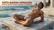 Tadasana. Mountain-Pose. Yogi. Greek athlete, sweaty muscle yoga on wet marble 50s