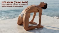Ustrasana. Camel-Pose. Yogi. Greek athlete, sweaty muscle yoga on wet marble 30s