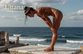 Uttanasana. Standing Forward Bend. Yogini. Greek goddess, classical artistic yoga on wet marble 30s