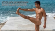 Utthita Hasta Padangusthasana. Extended Hand-to-Big-Toe Pose. Yogi. Greek athlete, sweaty muscle yoga on wet marble 39s