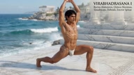Virabhadrasana I. Warrior-I-Pose. Yogi. Greek athlete, sweaty muscle yoga on wet marble 30s