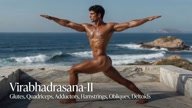 Virabhadrasana II. Warrior-II-Pose. Yogi. Greek athlete, sweaty muscle yoga on wet marble 30s