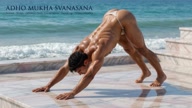 Yogi. Greek athlete, sweaty muscle yoga on wet marble 31m5s